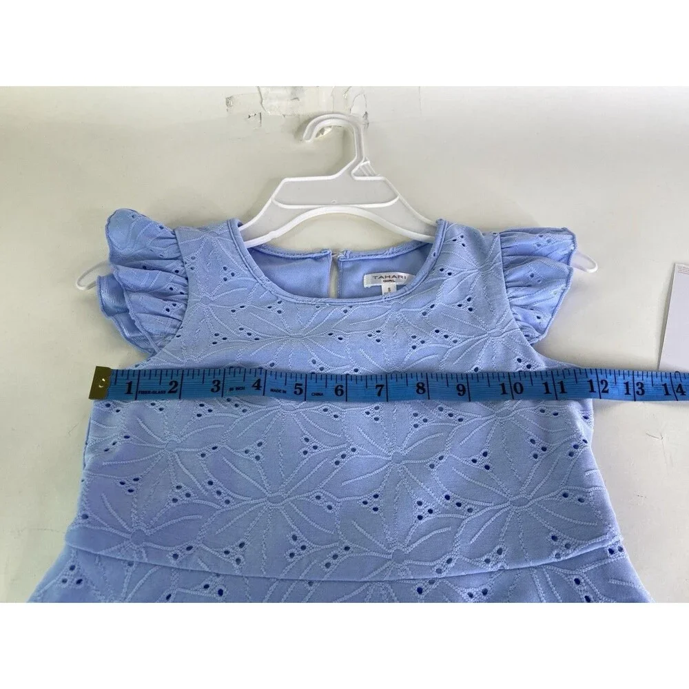 Tahari Girl Lined Fit and Flare Dress Eyelet Blue Girls Size 5